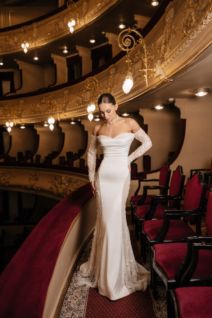 Ivory Lace Mermaid Wedding Dress with Long Sleeves – Off the Shoulder Wedding Gown with Beaded Sequin Plus Size – LISA