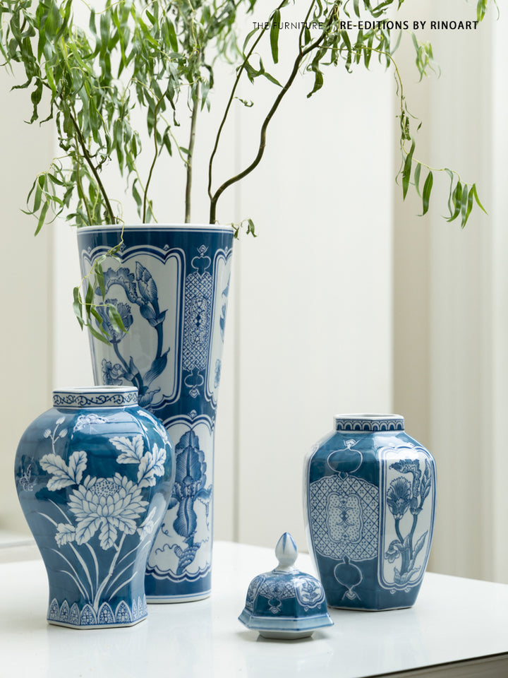 Antique Handmade Blue and White Porcelain Vase with Hand Painted Floral and Pomegranate Design
