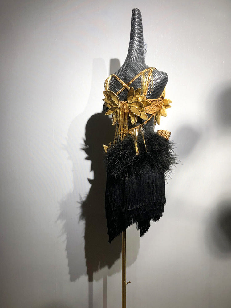 Gold and Black Salsa Dance Dress with Feather Trim and Handmade Floral Appliqué – Latin Dance Costumes