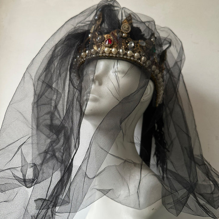 Vintage-Inspired Handmade Baroque Gold Crown with Multicolor Gems and Pearls – Adjustable Royal Crown for Masquerade