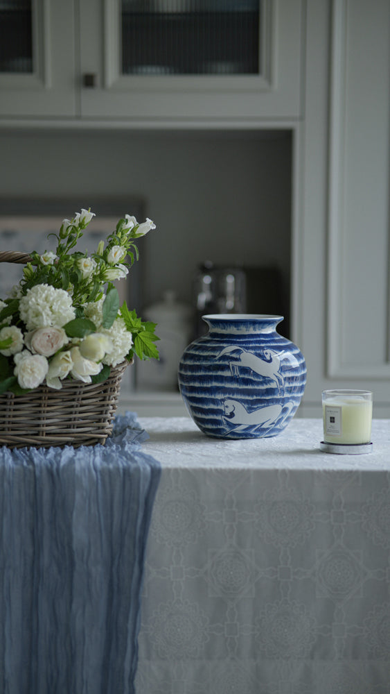 Oriental Handmdae Grisaille Blue and White Porcelain Jar with Hand-Painted White Horse Motif
