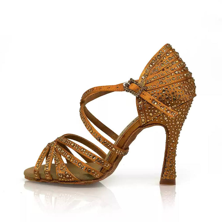 Golden Hour – Handmade Silk Glitter Salsa Dance Heels in Deep Nude