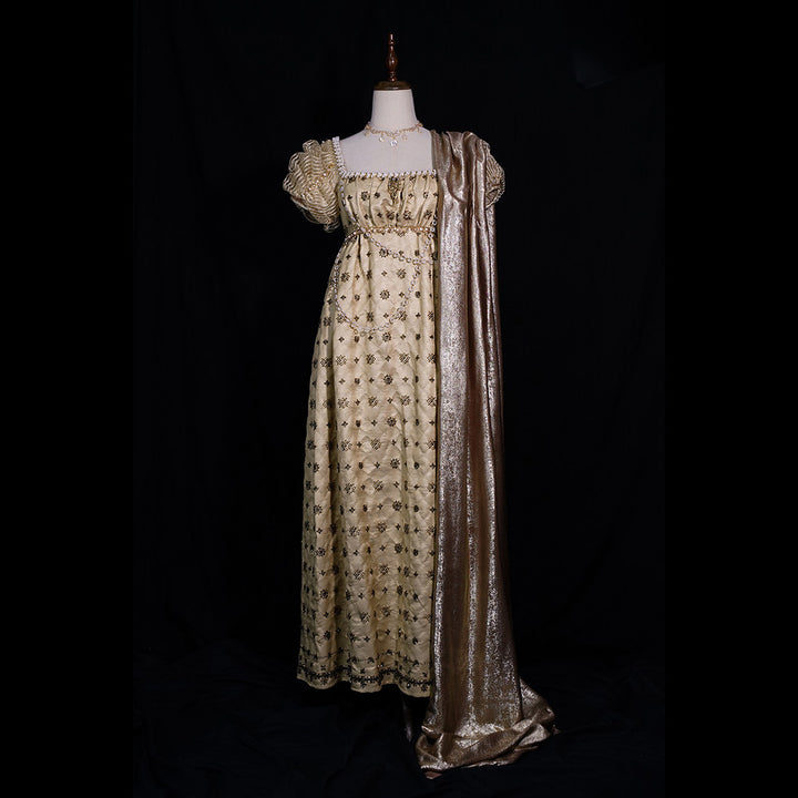 Bridgerton Inspired Regency Era Champagne Gold Empire Waist Embroidered Dress with Puff Sleeves – Vintage Vintage Gown with Metallic Shawl Plus Size