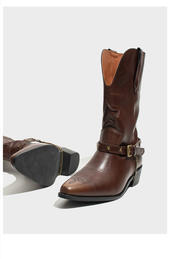 Vintage-Inspired Handmade Boho Brown Cowhide Leather Cowgirl Boots and Boho Western Boots