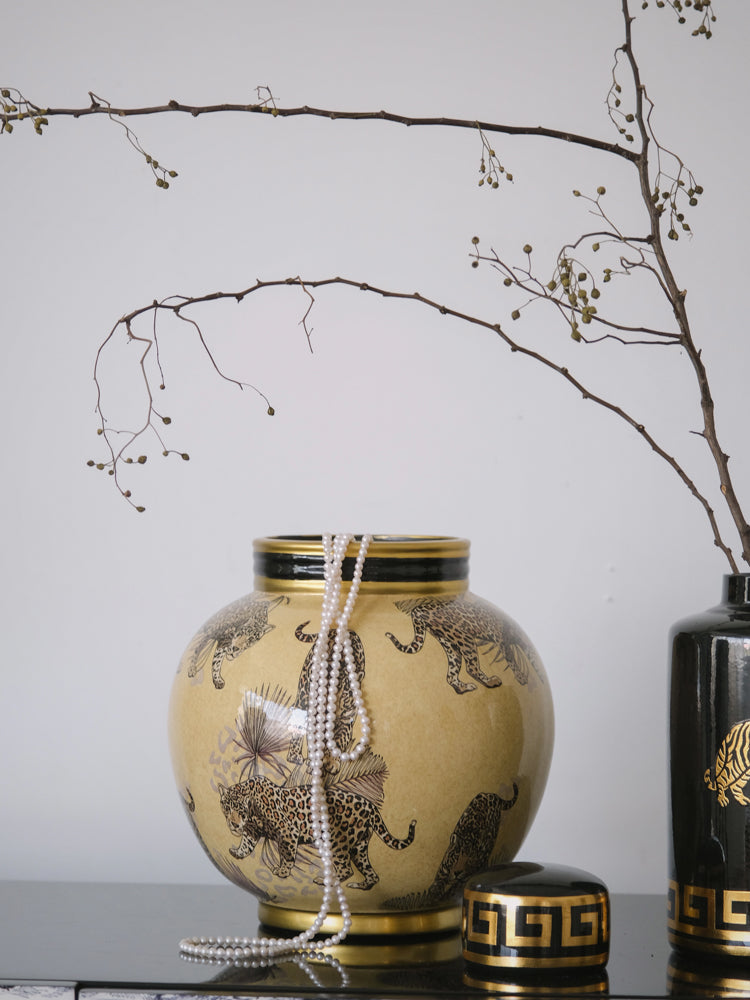 Vintage-Inspired Handmade French Painted Ceramic Leopard Vase