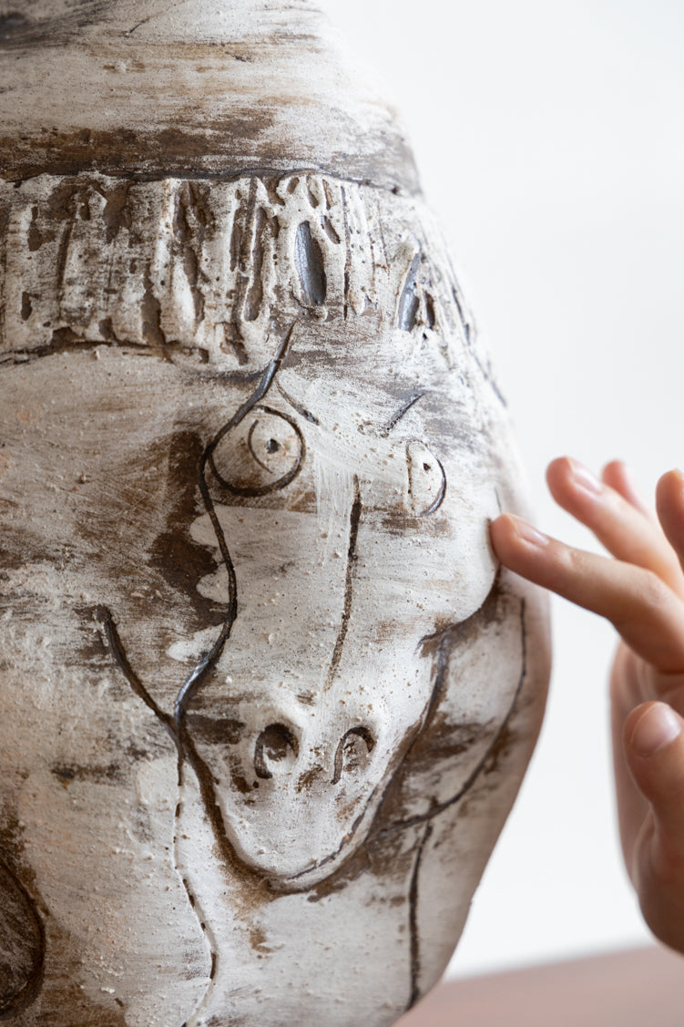 Vintage-Inspired Danish Import Handcrafted Relief Ceramic Vase in Rustic Lava White