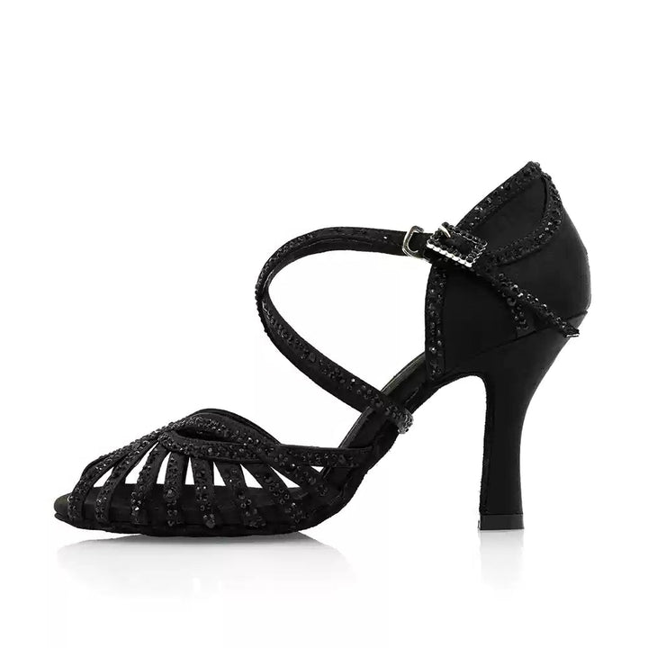 Twilight Gleam – Handmade Black Glitter Satin Salsa Dance Heels
