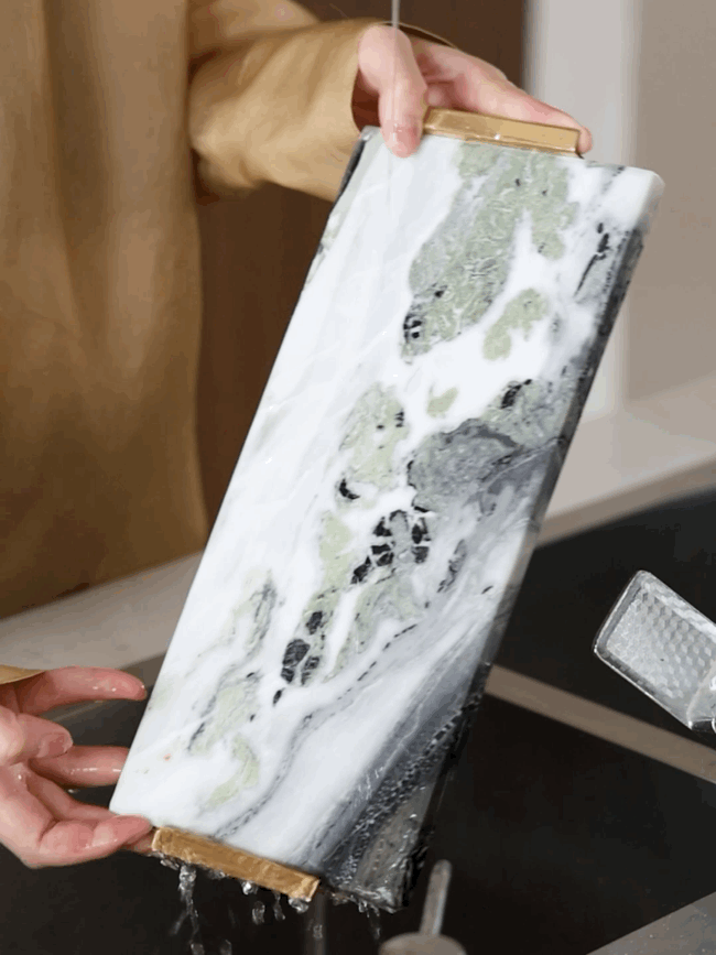 Luxury Handmade Italian Natural Marble Serving Tray with Brass and Jade-Inspired Flow Pattern