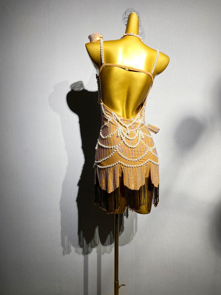Nude Salsa Sequin Dress with Pearl Chains and Black Fringe – Handmade Latin Ballroom Dance Costume