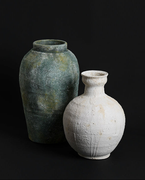 Artistical Moroccan Handmade Berber Clay Vase in Copper Green Wabi-Sabi Style