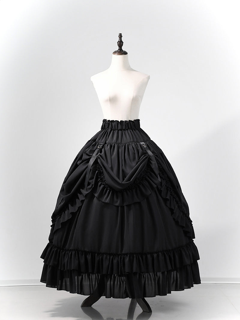 Victorian-Inspired Gothic Black Lace High Neck Ball Gown with Tiered Ruffled Skirt – Corset Back Evening Dress Plus Size