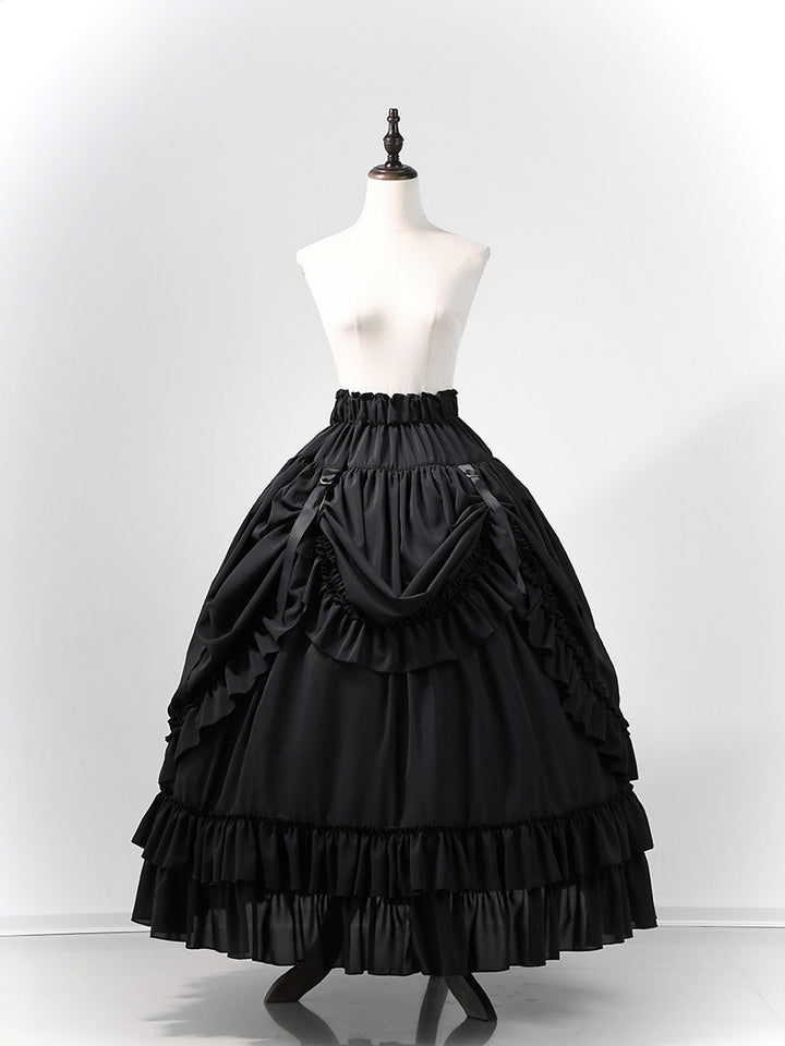 Victorian-Inspired Gothic Black Lace High Neck Ball Gown with Tiered Ruffled Skirt – Corset Back Evening Dress Plus Size