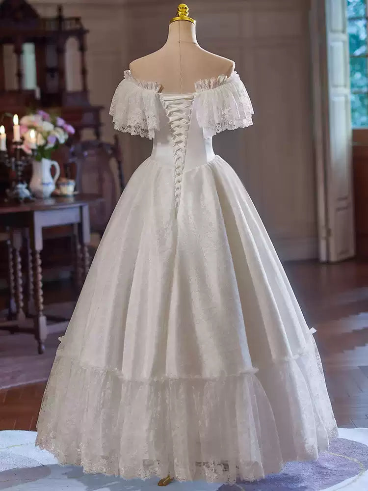 Off the Shoulder Wedding Dress with Ruffle Sleeves and Lace - Tiered Wedding Dress with Corset Back Plus Size
