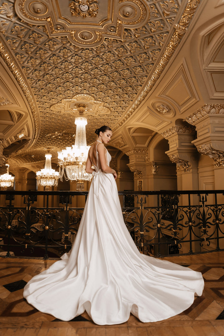 Ivory A-Line Wedding Dress with Removable Bow – Sleeveless Wedding Dress with Plunging Neckline Plus Size – ELIZA