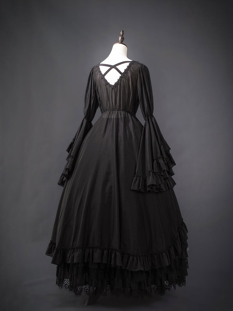 Victorian-Inspired Black Gothic Lolita Ball Gown with Lace Trim and Tiered Skirt – Edwardian Tencel Dress Plus Size