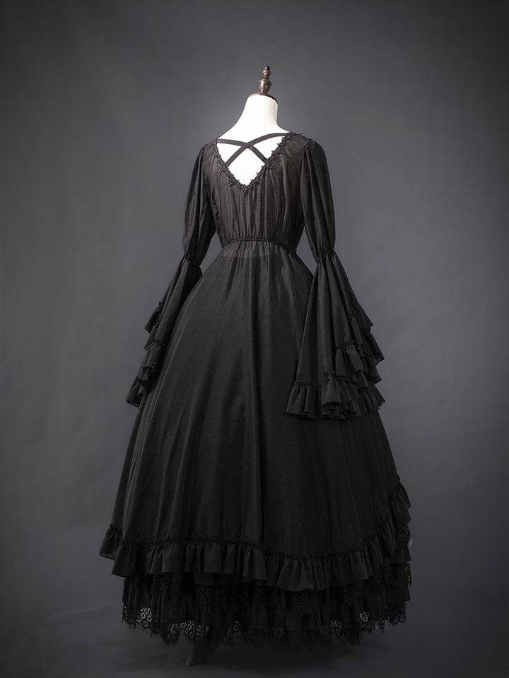 Victorian-Inspired Black Gothic Lolita Ball Gown with Lace Trim and Tiered Skirt – Edwardian Tencel Dress Plus Size