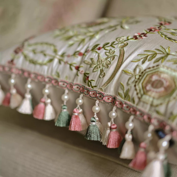 Baroque Laurel Medallion Embroidered Cushion – Handmade Satin Pillow with Tassel Trim