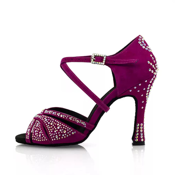 Radiant Grape – Handmade Suede Salsa Dance Heels with Rhinestone Detailing