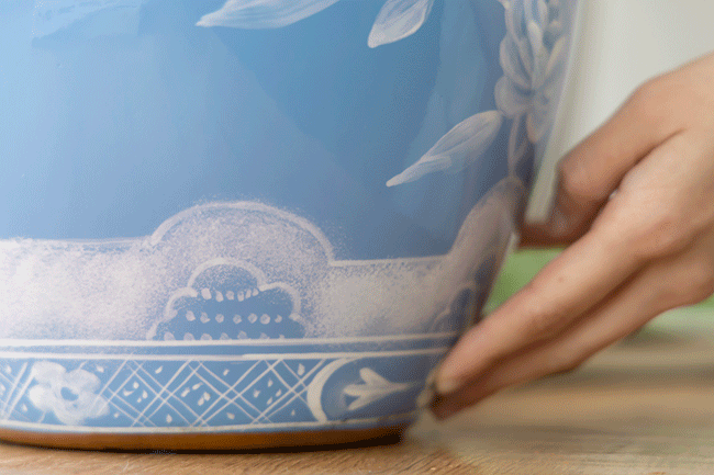 Antique Italian Smoky Blue and White Porcelain Vase with Hand-Painted Floral Motifs and Gilded Rim