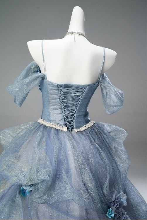 Dusty Blue Off-Shoulder Layered Tulle Ruffle Dress with Floral Appliqué – Floral Evening Dress with Corset Back Plus Size