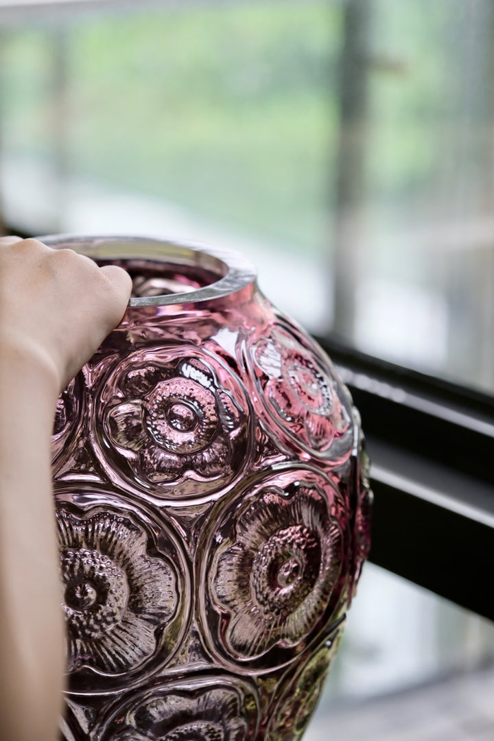 Baroque French Handmade Purple Murano Glass Vase with Embossed Floral Design Crystal Style