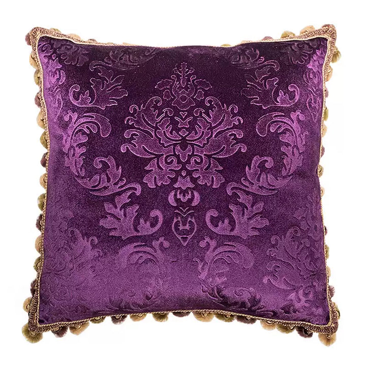 Midnight Regal – Handmade Purple Velvet Cushion with Embossed Baroque Pattern and Pom Trim