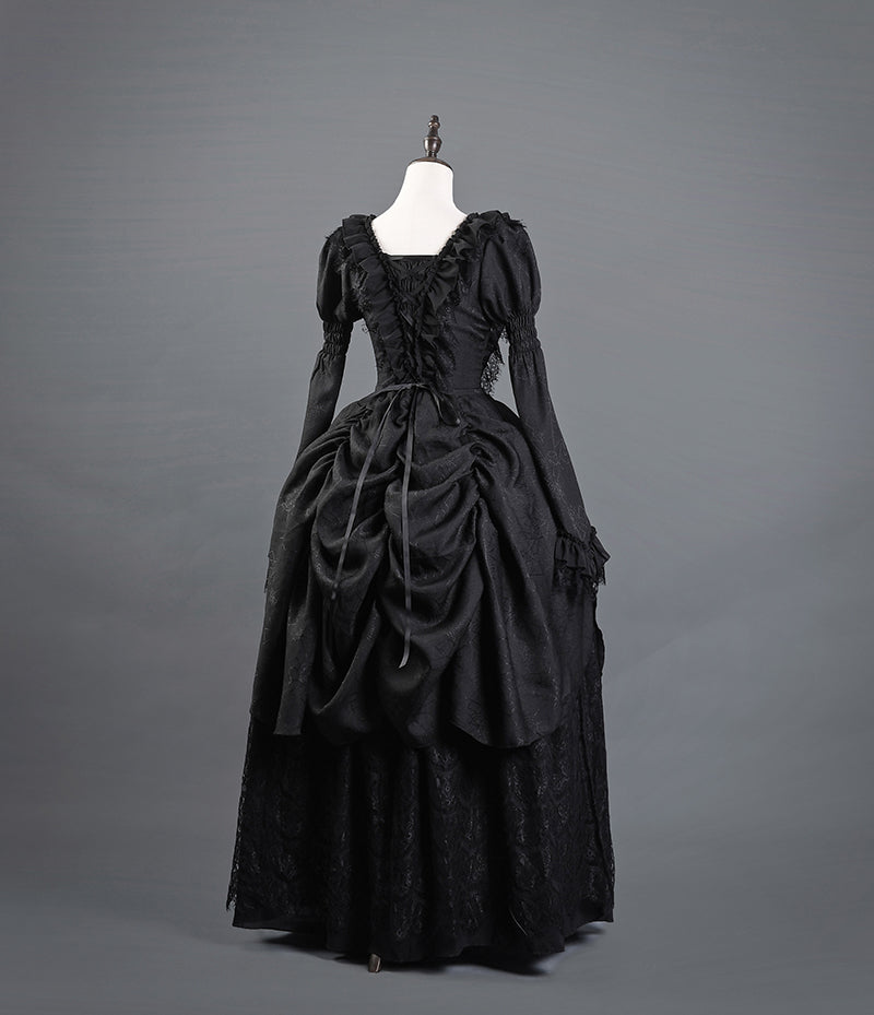 Victorian-Inspired Gothic Black Lace Ball Gown with Long Sleeves and Corset Back – Baroque-Inspired Mourning Dress Plus Size