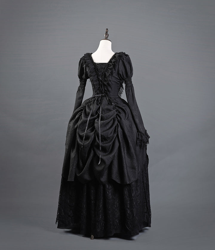 Victorian-Inspired Gothic Black Lace Ball Gown with Long Sleeves and Corset Back – Baroque-Inspired Mourning Dress Plus Size