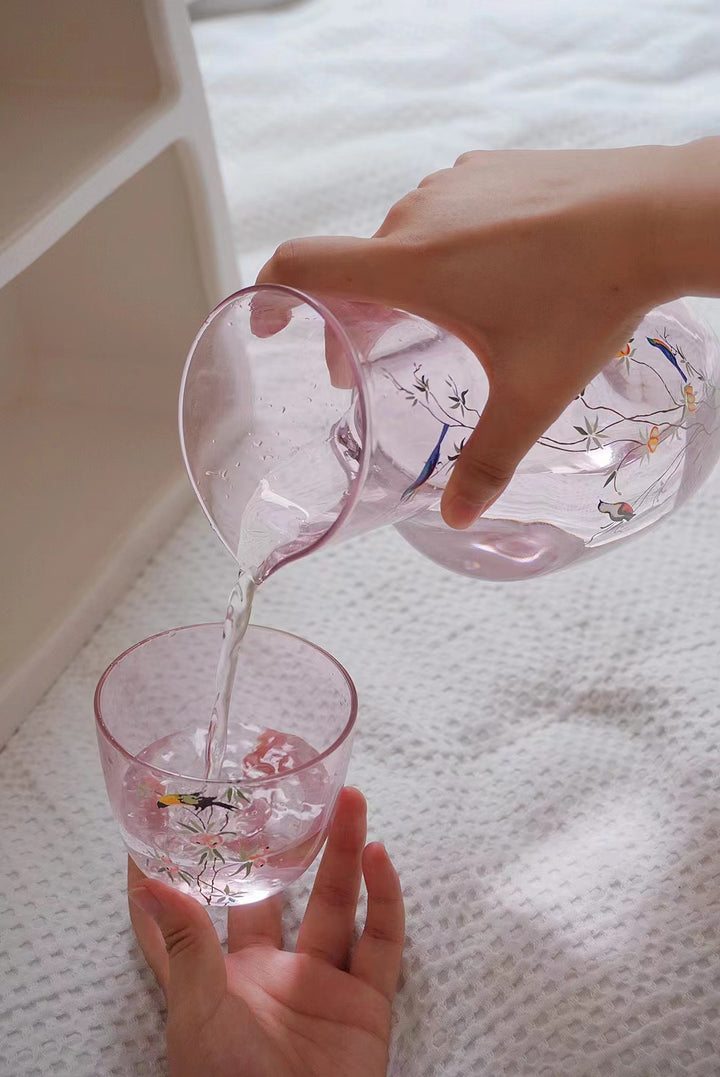 Artistical Murano Handmade Pink Glass Carafe and Decorative Wine Glass and in Hand-Painted Bird Motifs