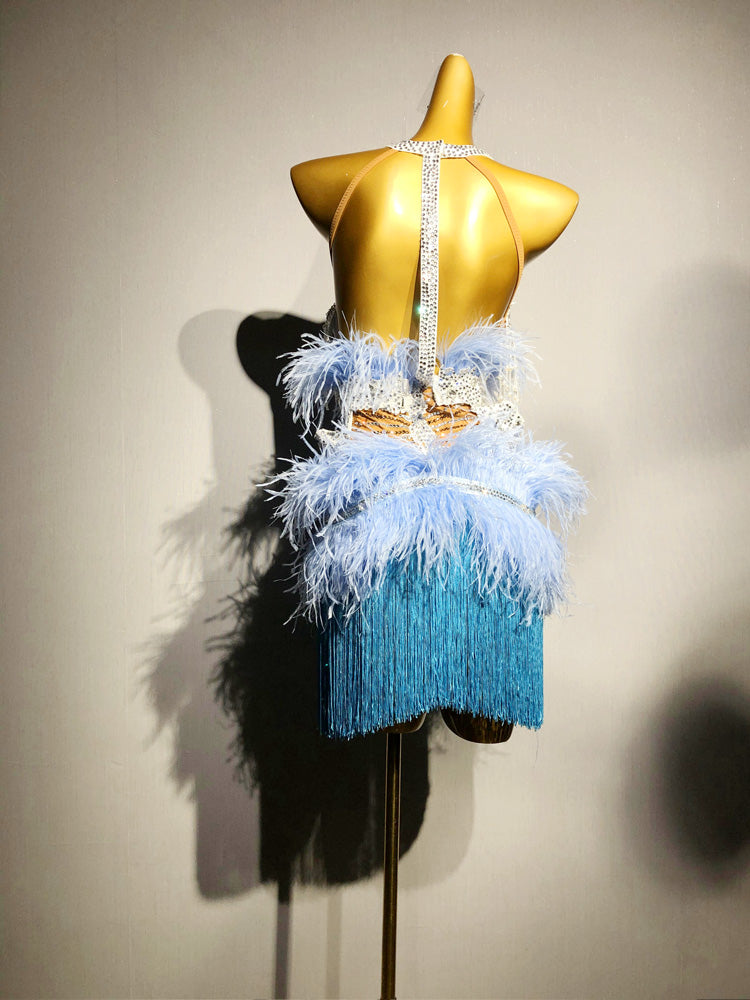 Blue Salsa Sequin Dress with Feather Trim and Fringe Skirt – Handmade Latin Ballroom Dance Costumes