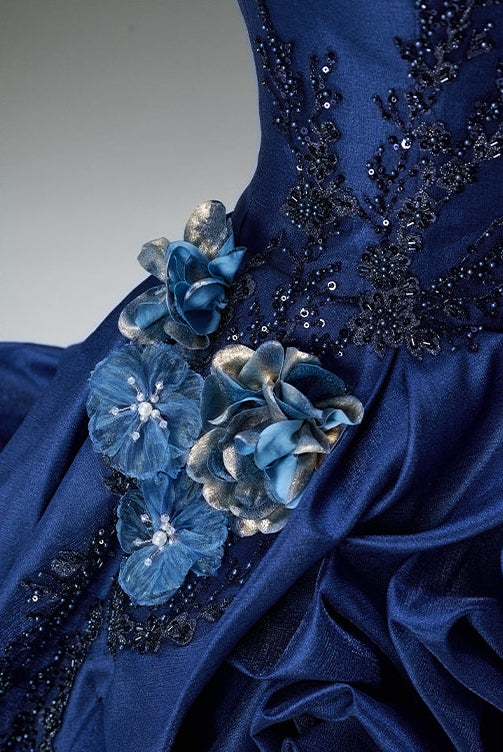 Gothic Navy Blue Floral Evening Dress with Floral Embellishment – Elegant Strapless Evening Dress with Corset Back Plus Size