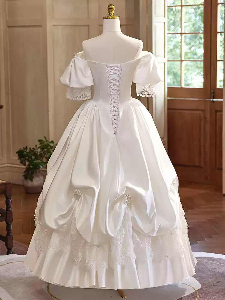 White Satin Wedding Dress with Puff Sleeve –  Lace Wedding Gown Off Shoulder with Ruched Skirt and Corset Plus Size