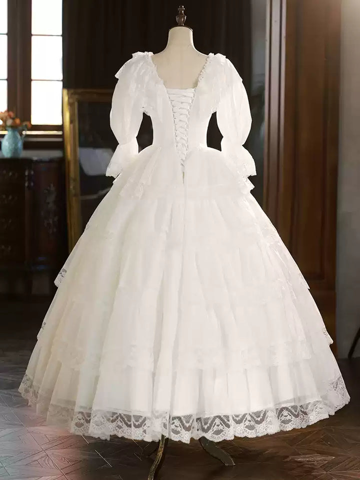 Lace Wedding Dress with Long Sleeves and Corset – Ruffle Layered Wedding Dress with Puff Sleeves Plus Size