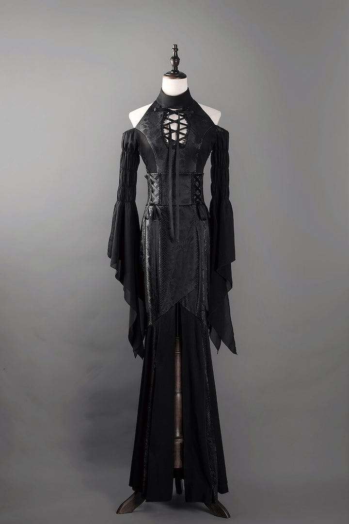 Victorian-Inspired Gothic Black Halter Dress with Bell Sleeves and Lace-Up – Long Sleeves Evening Gown Plus Size