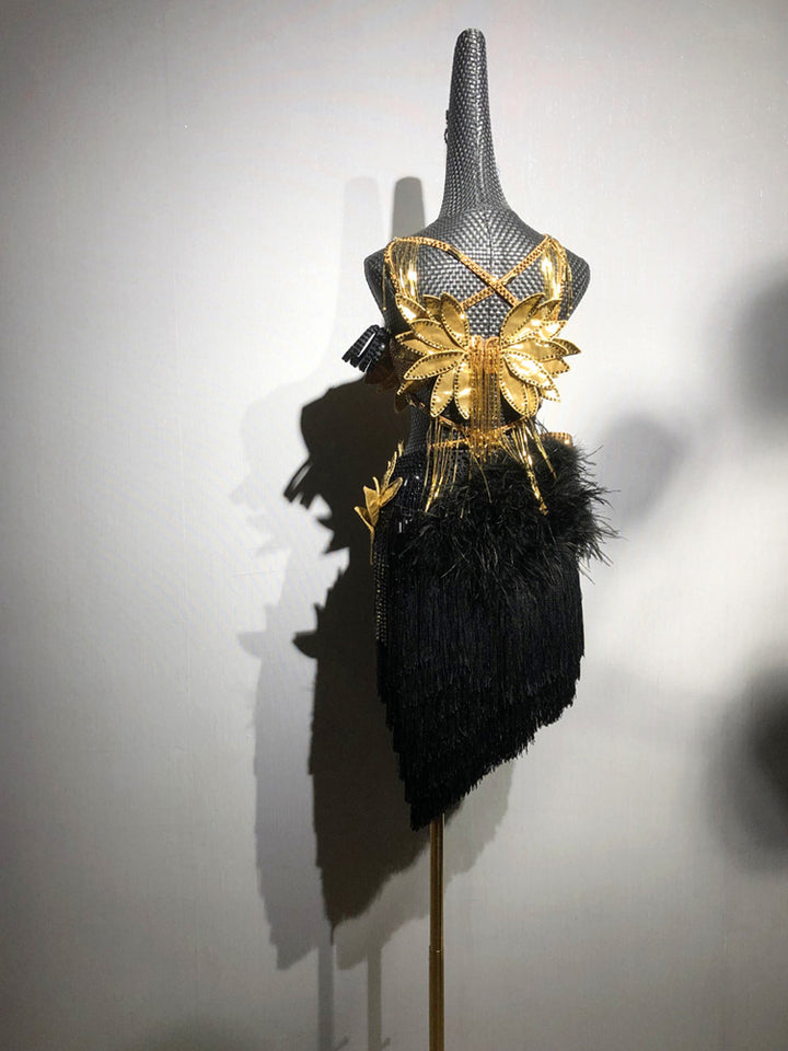 Gold and Black Salsa Dance Dress with Feather Trim and Handmade Floral Appliqué – Latin Dance Costumes