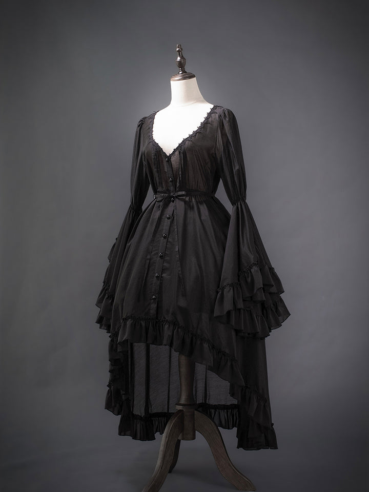 Victorian-Inspired Black Gothic Lolita Ball Gown with Lace Trim and Tiered Skirt – Edwardian Tencel Dress Plus Size