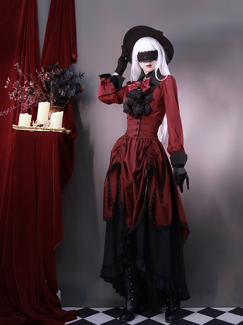 Victorian-Inspired Gothic Red and Black Lace Ball Gown with High Collar – Vampire Duchess Satin Evening Dress Plus Size