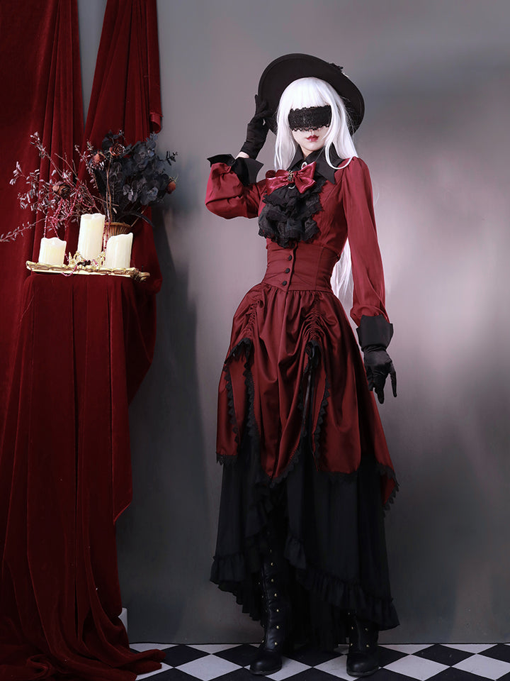 Victorian-Inspired Gothic Red and Black Lace Ball Gown with High Collar – Vampire Duchess Satin Evening Dress Plus Size