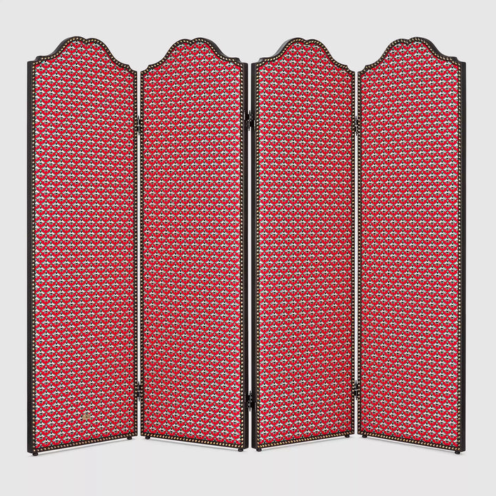 Vintage Retro Deco Room Divider – Handmade 3-Panel Folding Screen with Red Animal Print and Carved Wood Frame