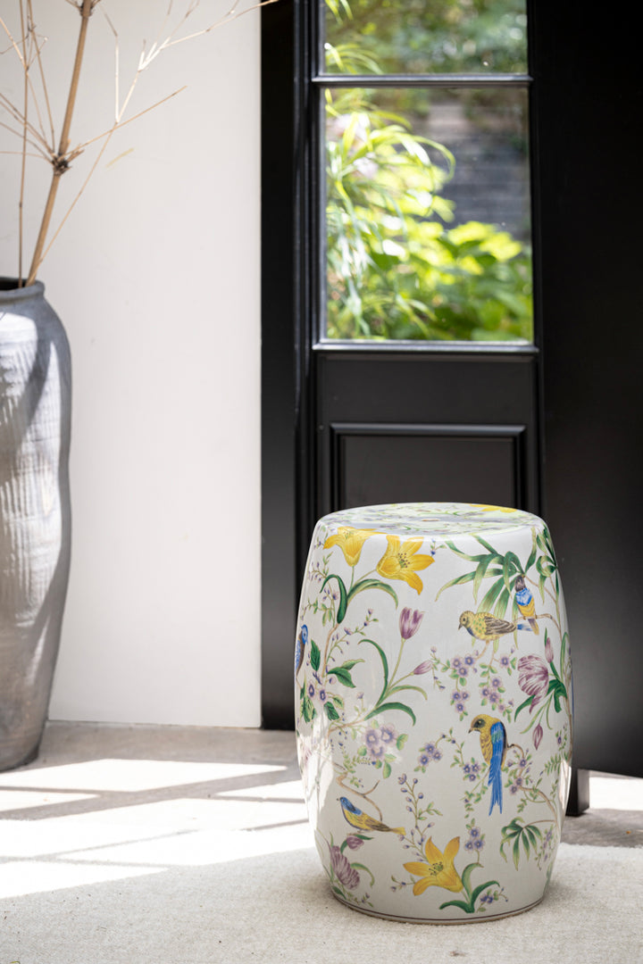 Oriental Handmade White Crackle Glaze Porcelain Garden Stool with Hand Painted Floral and Bird Motif