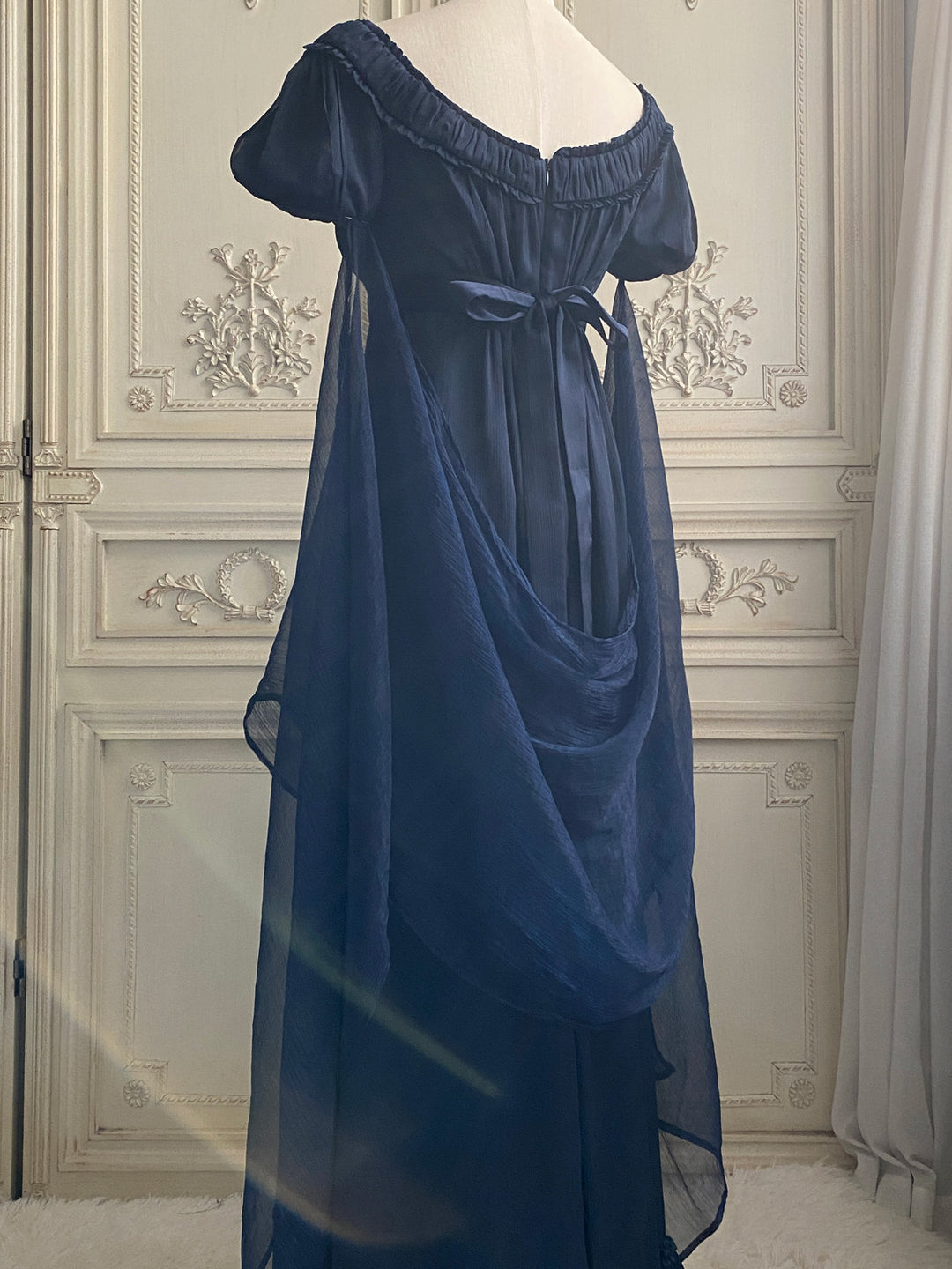 Regency Era Navy Blue Empire Waist Gown – Bridgerton Inspired Sheer Overlay Plus Size
