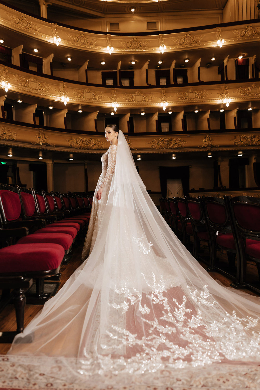 Ivory Sequin Wedding Dress with Long Lace Sleeves – A-Line Wedding Dress with Plunging Neckline Plus Size – VITTORIA