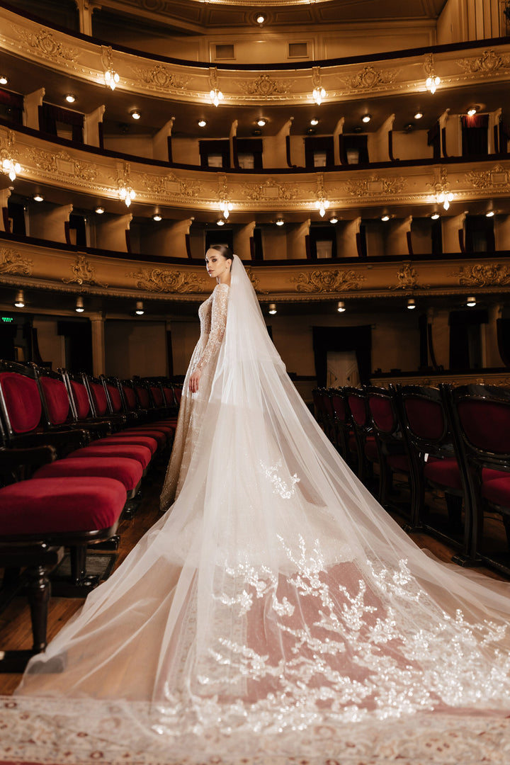 Ivory Sequin Wedding Dress with Long Lace Sleeves – A-Line Wedding Dress with Plunging Neckline Plus Size – VITTORIA