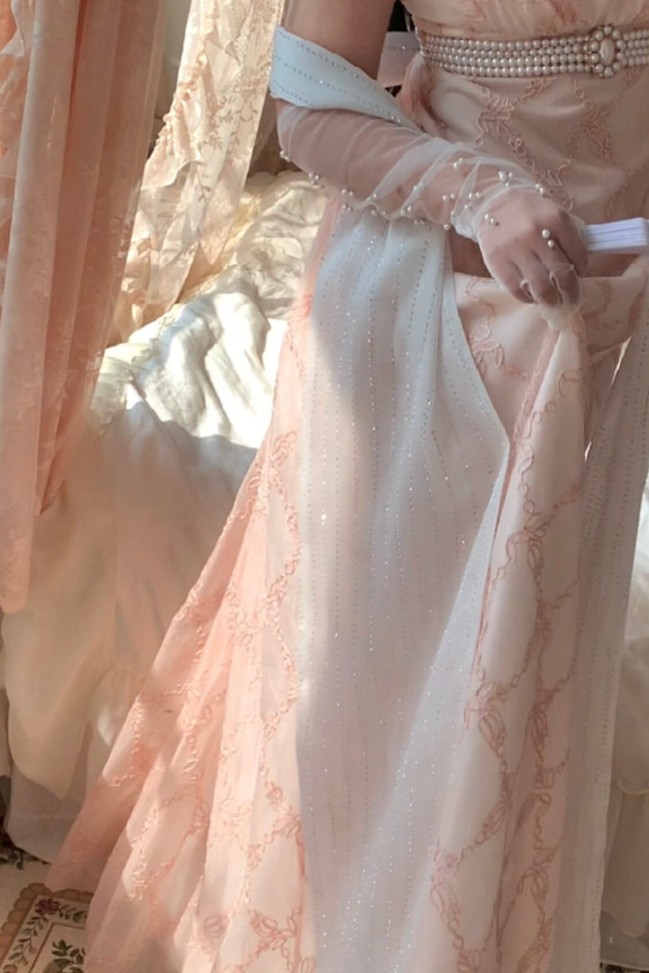 Regency Era Blush Pink Embroidered Tulle Empire Waist Dress – Bridgerton Inspired Ribbon Shoulder Gown Plus Size