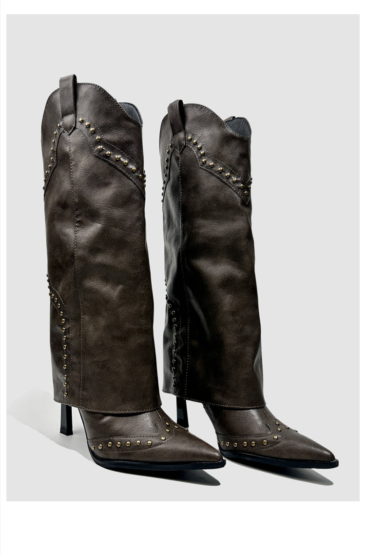 Vintage-Inspired Handmade Gothic Black Cowhide Leather Cowgirl Boots and Boho Western Heeled Boots