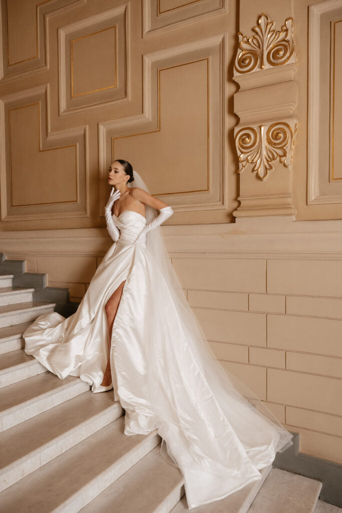 Ivory Off the Shoulder Wedding Dress with Slit – Simple Satin Wedding Gown with Draped Bodice and Buttons Plus Size – MORGAN