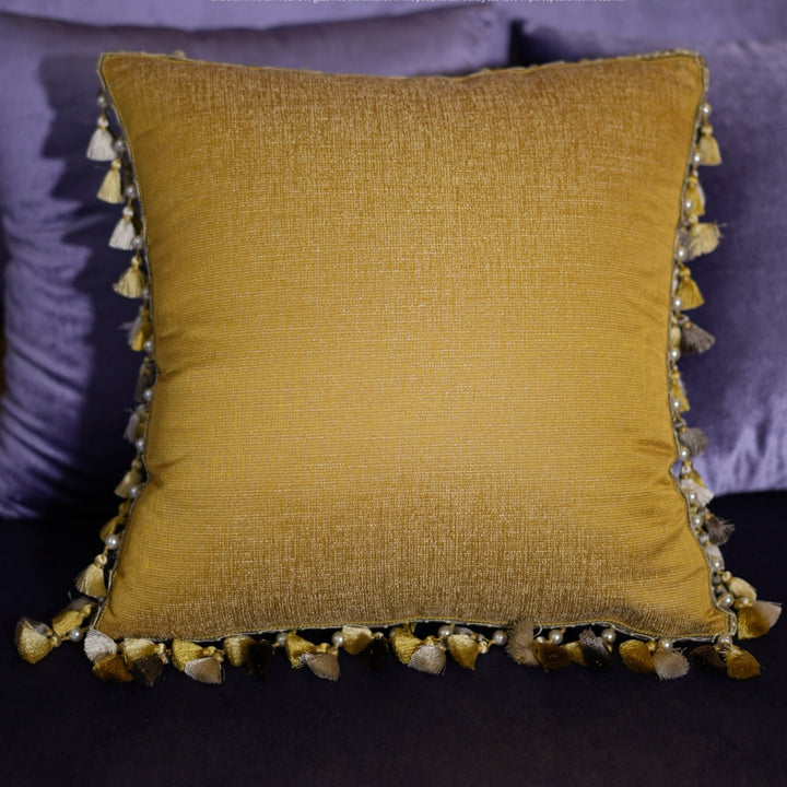 Golden Tassel Embroidered Throw Pillow – Handmade Luxury Satin Cushion with Fringe Trim