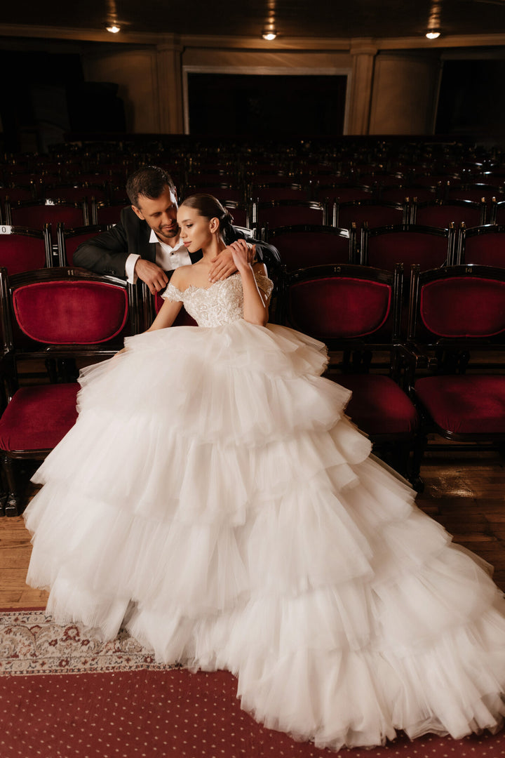 Ivory A-Line Wedding Dress with Pleated Skirt – Layered Tulle Ruffle Dress with Lace Corset Plus Size – RAFFAELLA