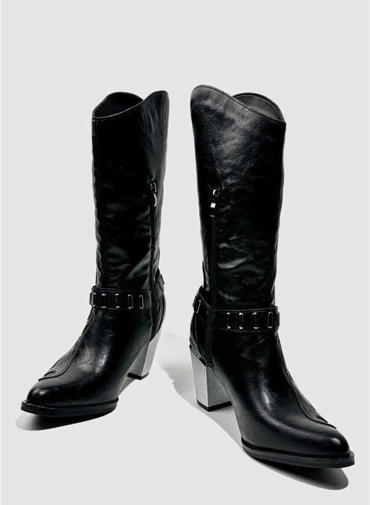 Vintage-Inspired Handmade Gothic Black Cowhide Leather Cowgirl Boots with Metal Heel Western Mid Calf Boots