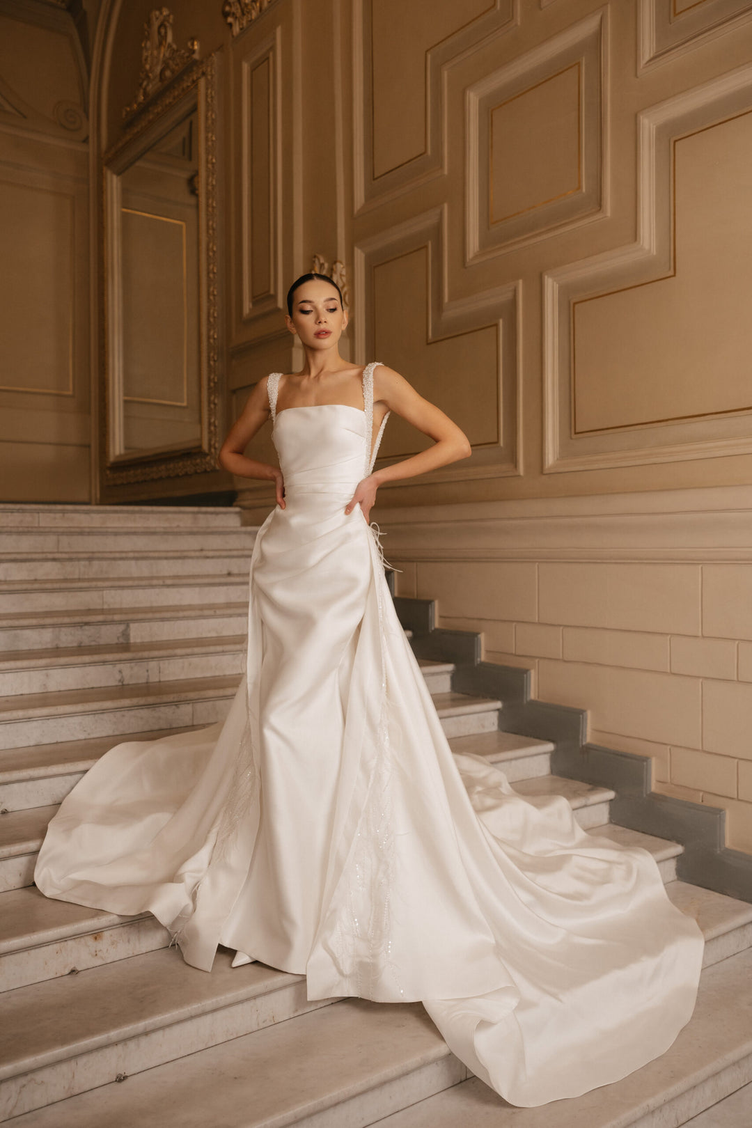 Ivory Satin Wedding Dress with Removable Train - Sleeveless Mermaid Wedding Dress with Pearl Straps Plus Size - ZOWIE
